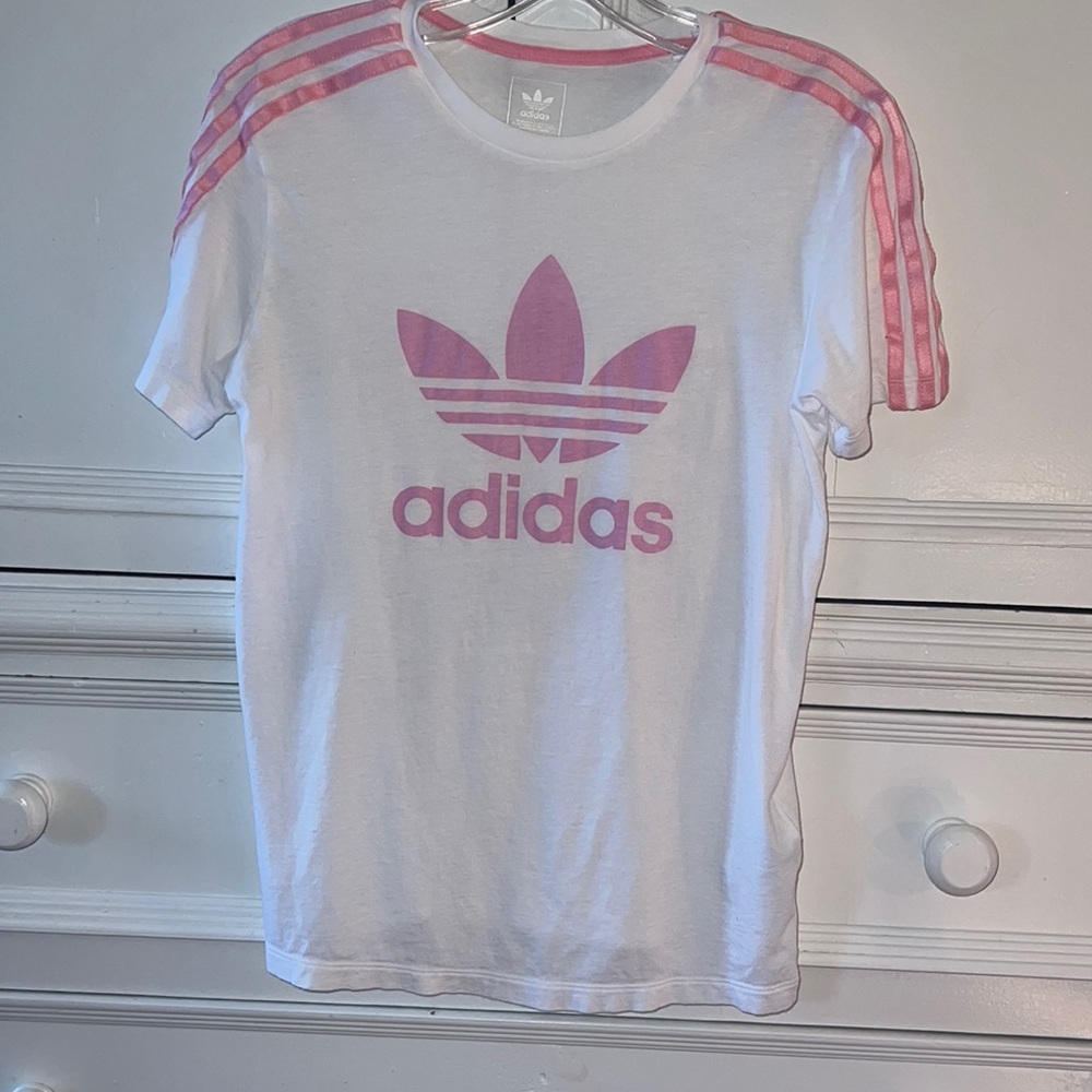 Girls size L Adidas classic cotton tee white  pink light weight summer shirt
